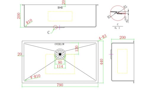 Extra Large Undermount Bowl Sink 1.2mm thick stainless steel 790 x 440 x 200mm
